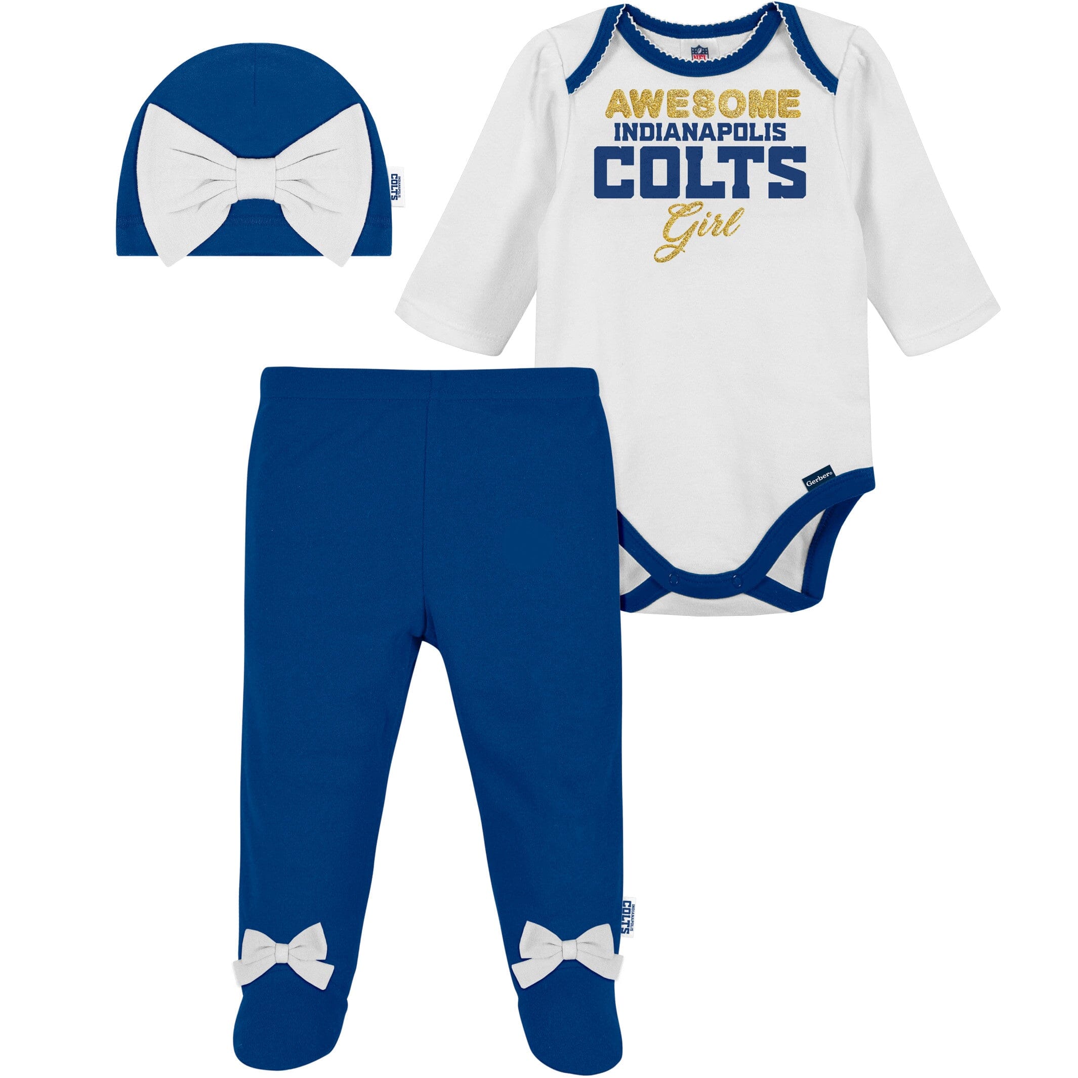 Indianapolis Colts Baby 3 Piece Bodysuit, Pant and Cap Set