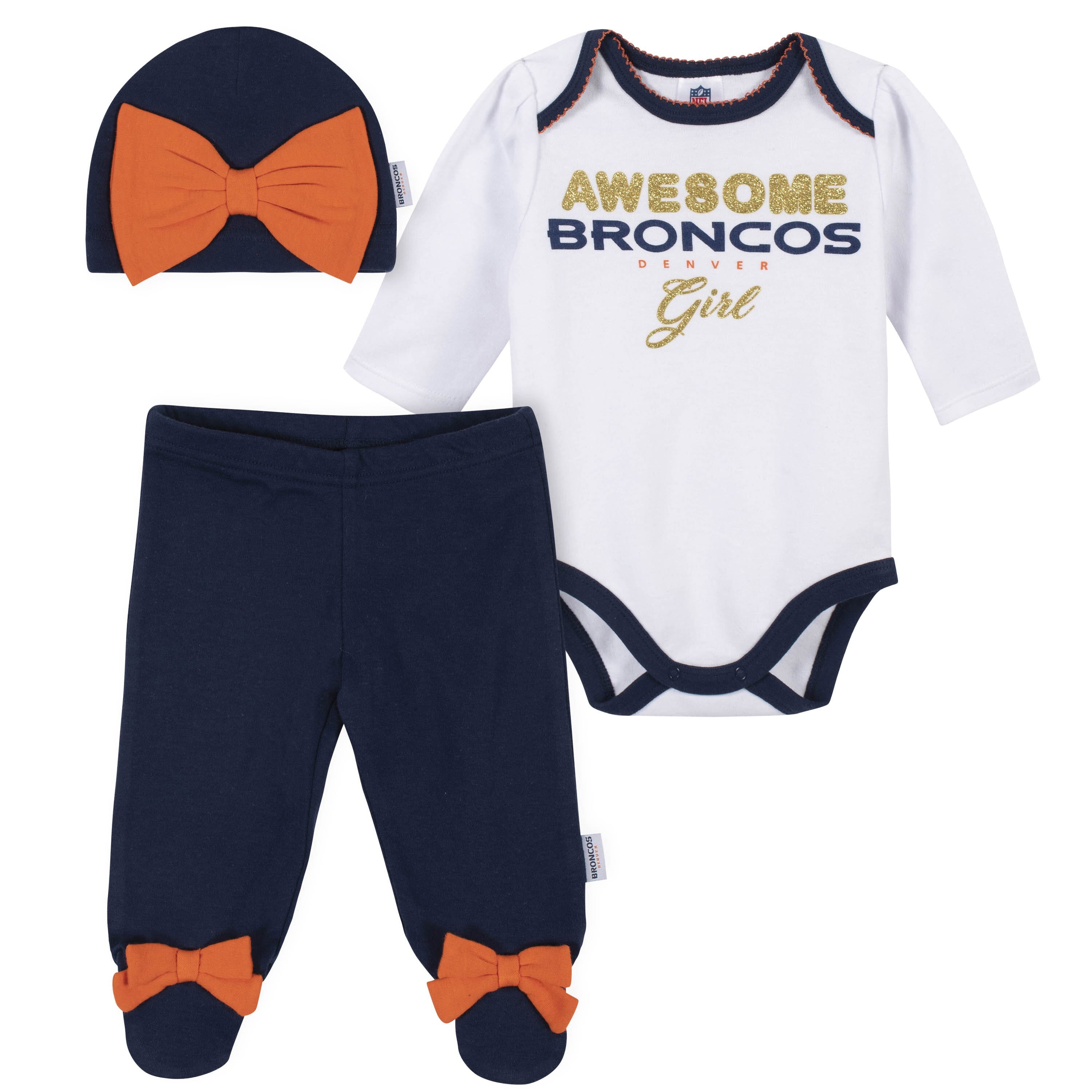 3 Piece Baby Girls Denver Broncos Bodysuit Footed Pant and Cap Set Gerber Childrenswear