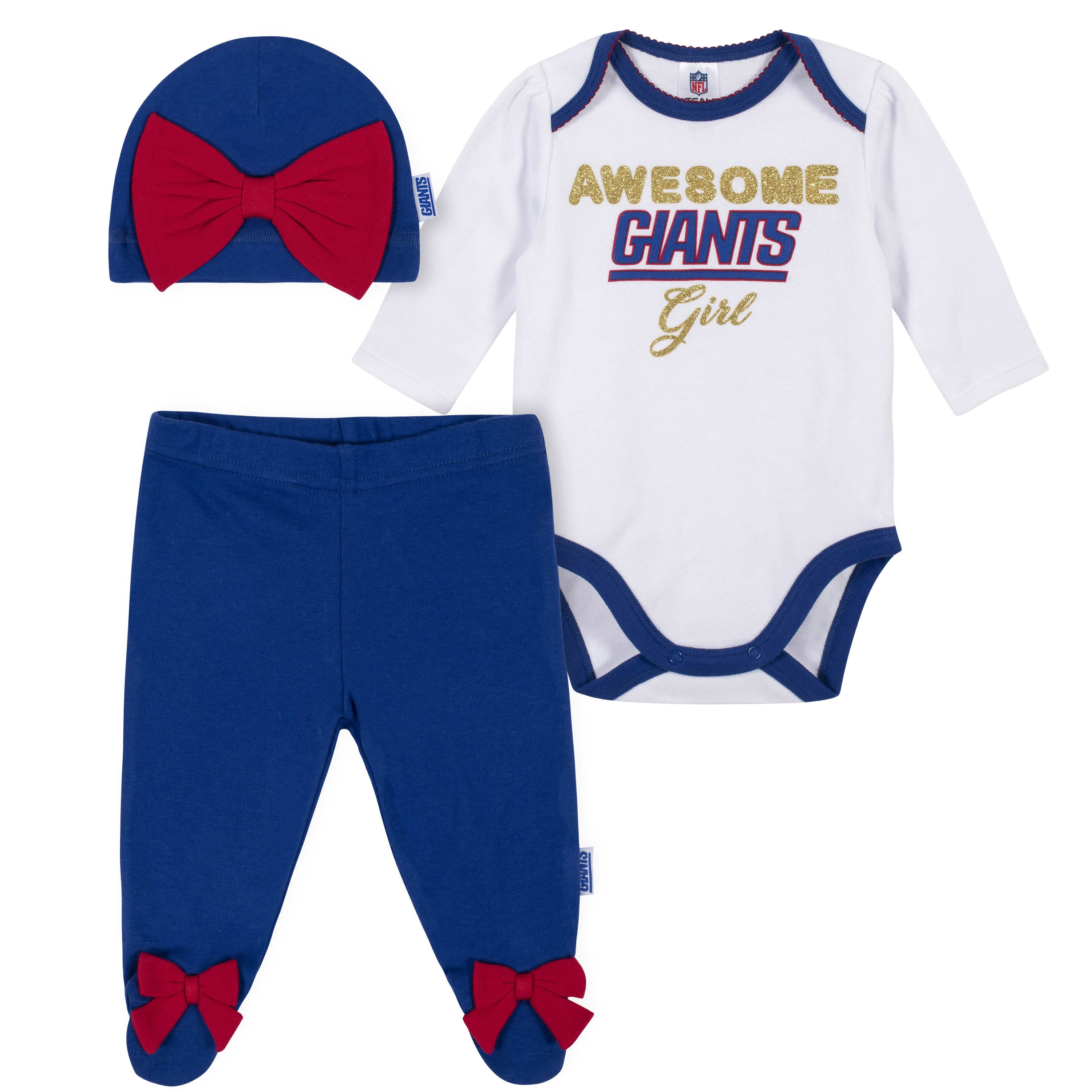 3 Piece Baby Girls New York Giants Bodysuit Footed Pant and Cap Set Gerber Childrenswear