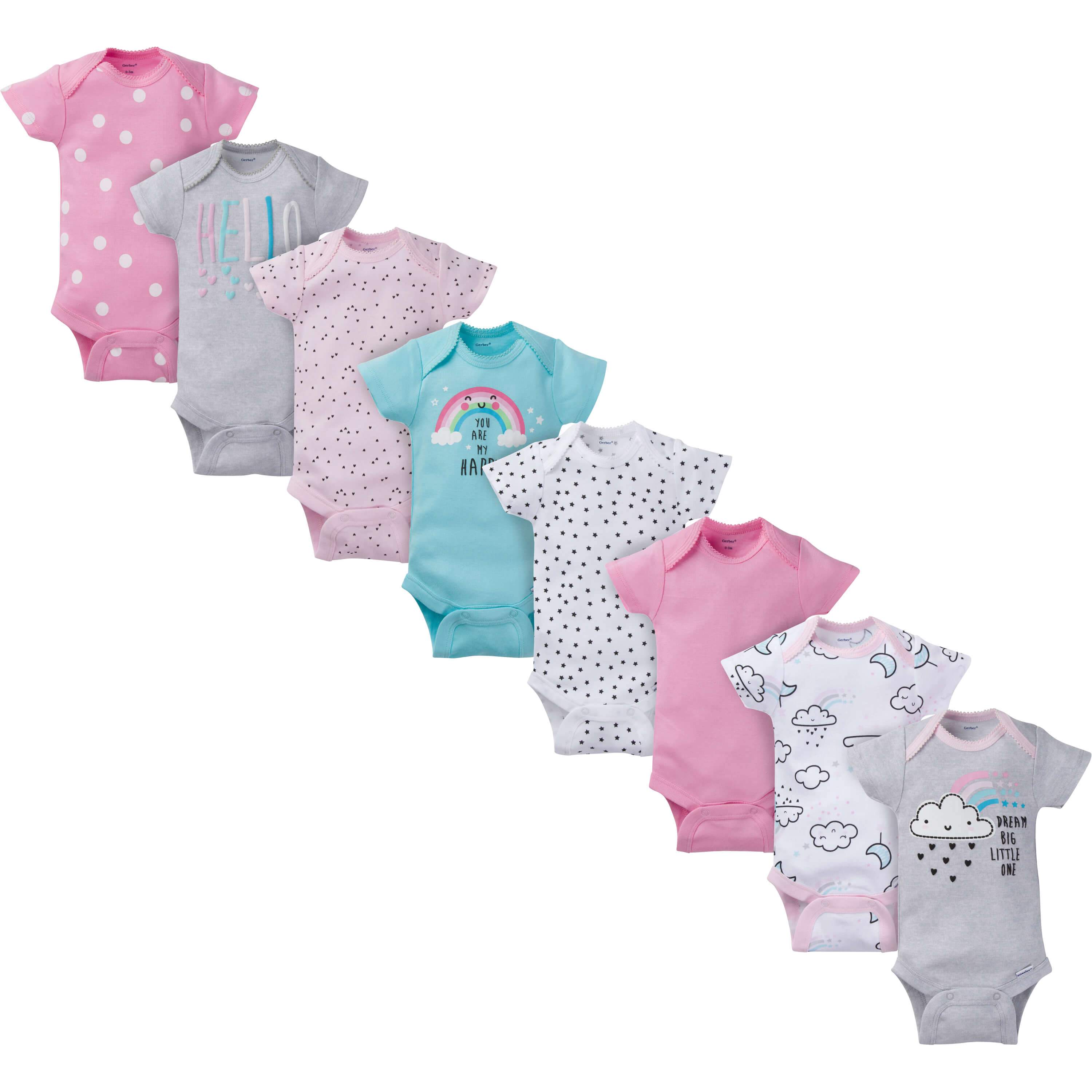 Gerber Baby Girl Short Sleeves Onesies Bodysuits, 8-Pack