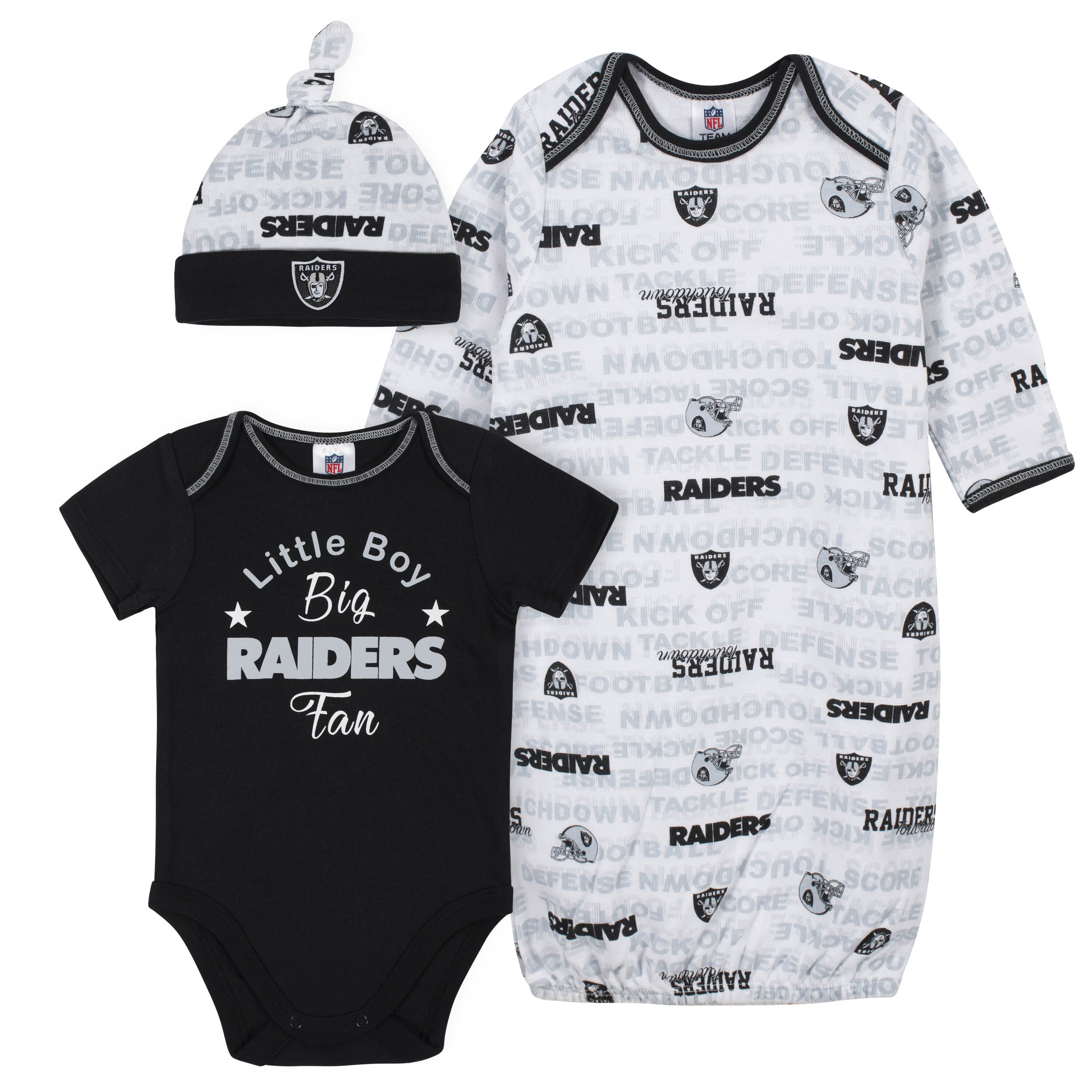 Las Vegas Raiders Baby Boys 3-Piece Bodysuit, Gown, and Cap Set