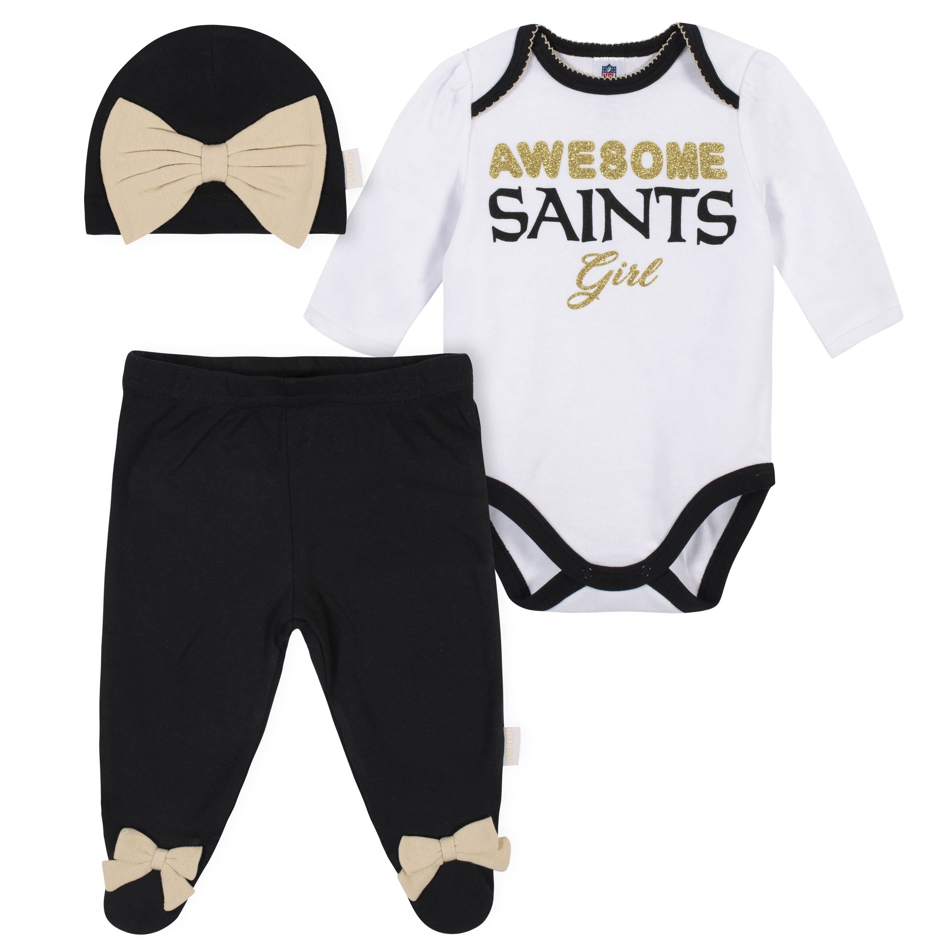 Gerber Awesome Saints Baby Girl Bodysuit, Footed Pant & Cap Set