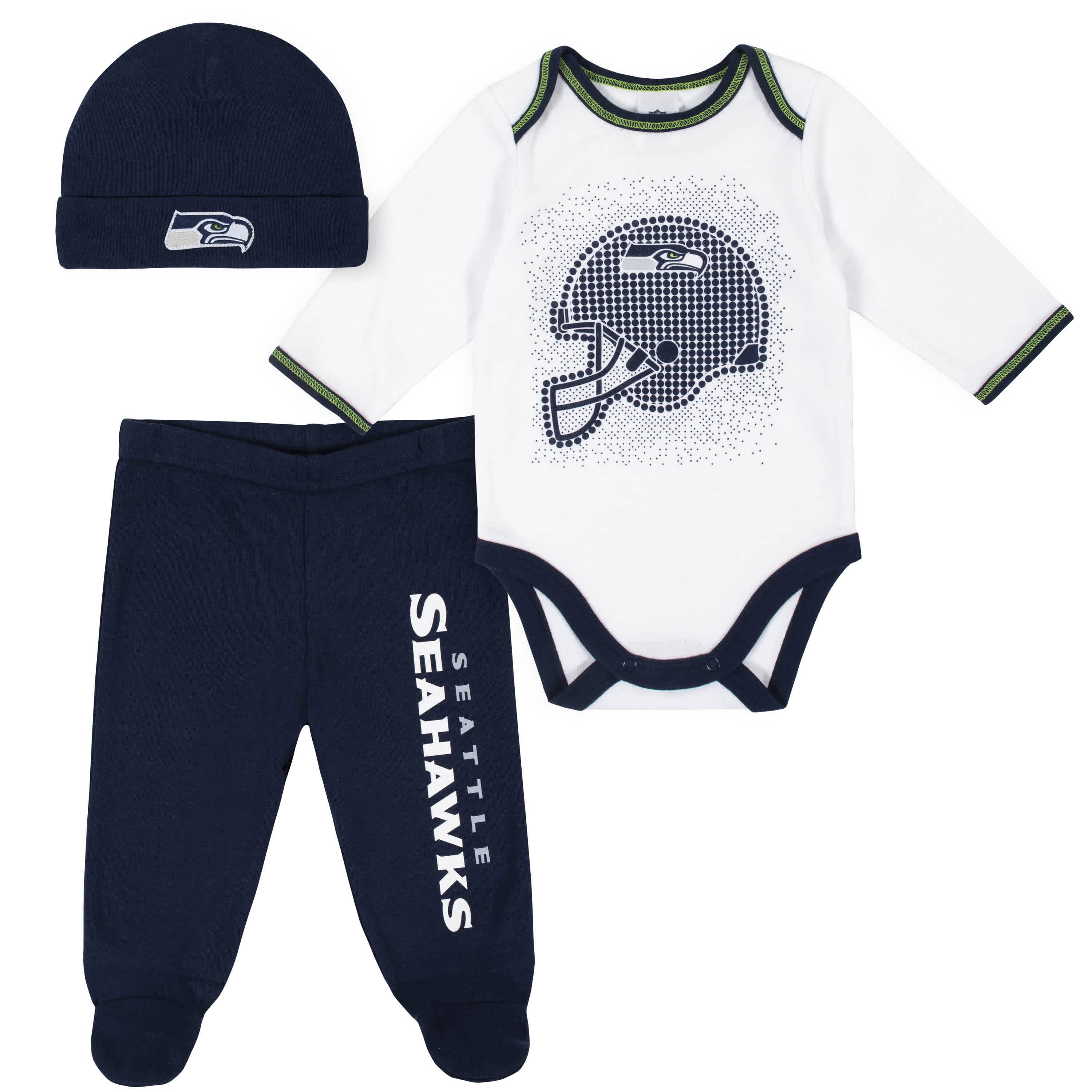 NFL 3-Piece Baby Boys Seattle Seahawks Bodysuit, Pant, and Cap Set - 0-3mo