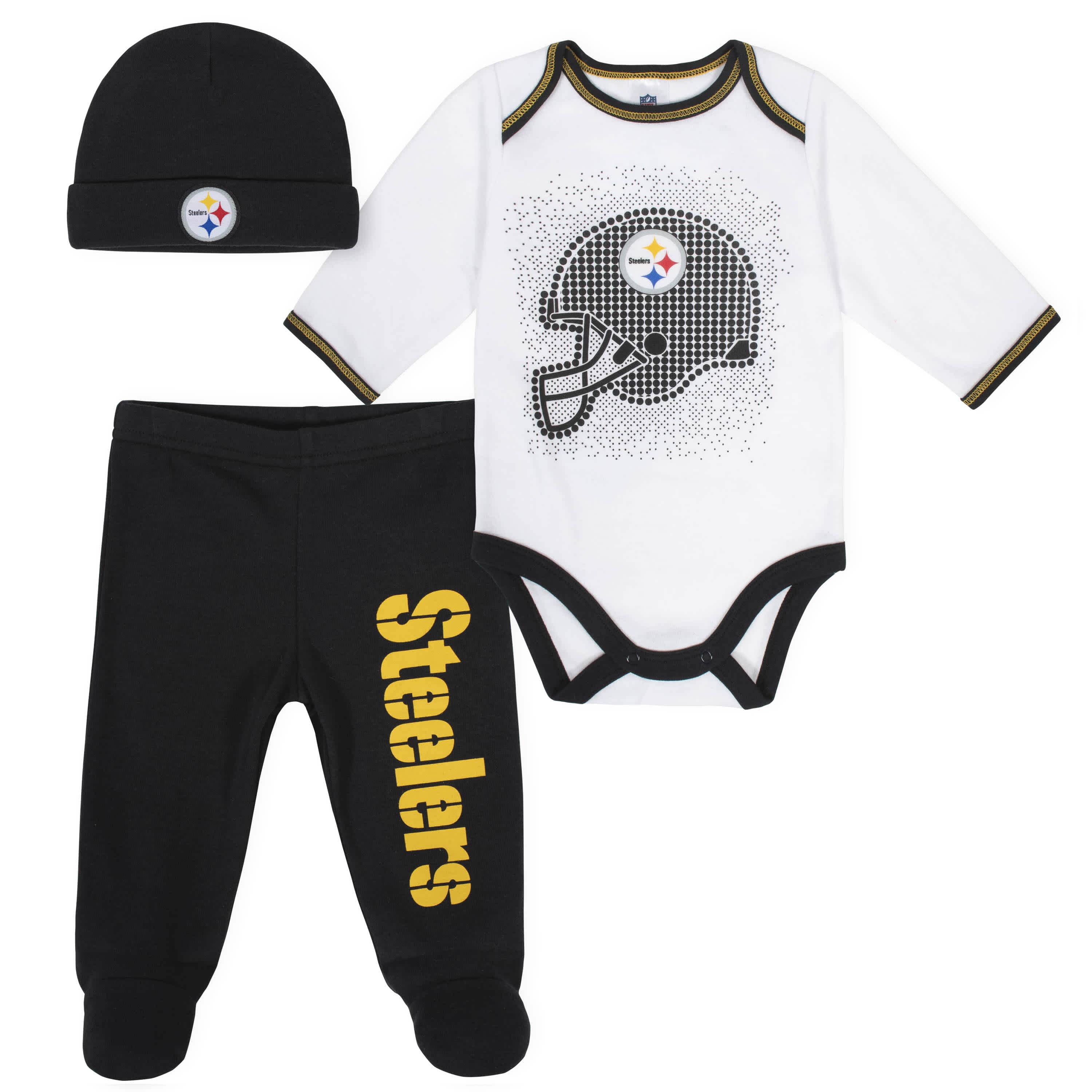 Pittsburgh Steelers 3-Piece Baby Boys Bodysuit, Pant, and Cap Set