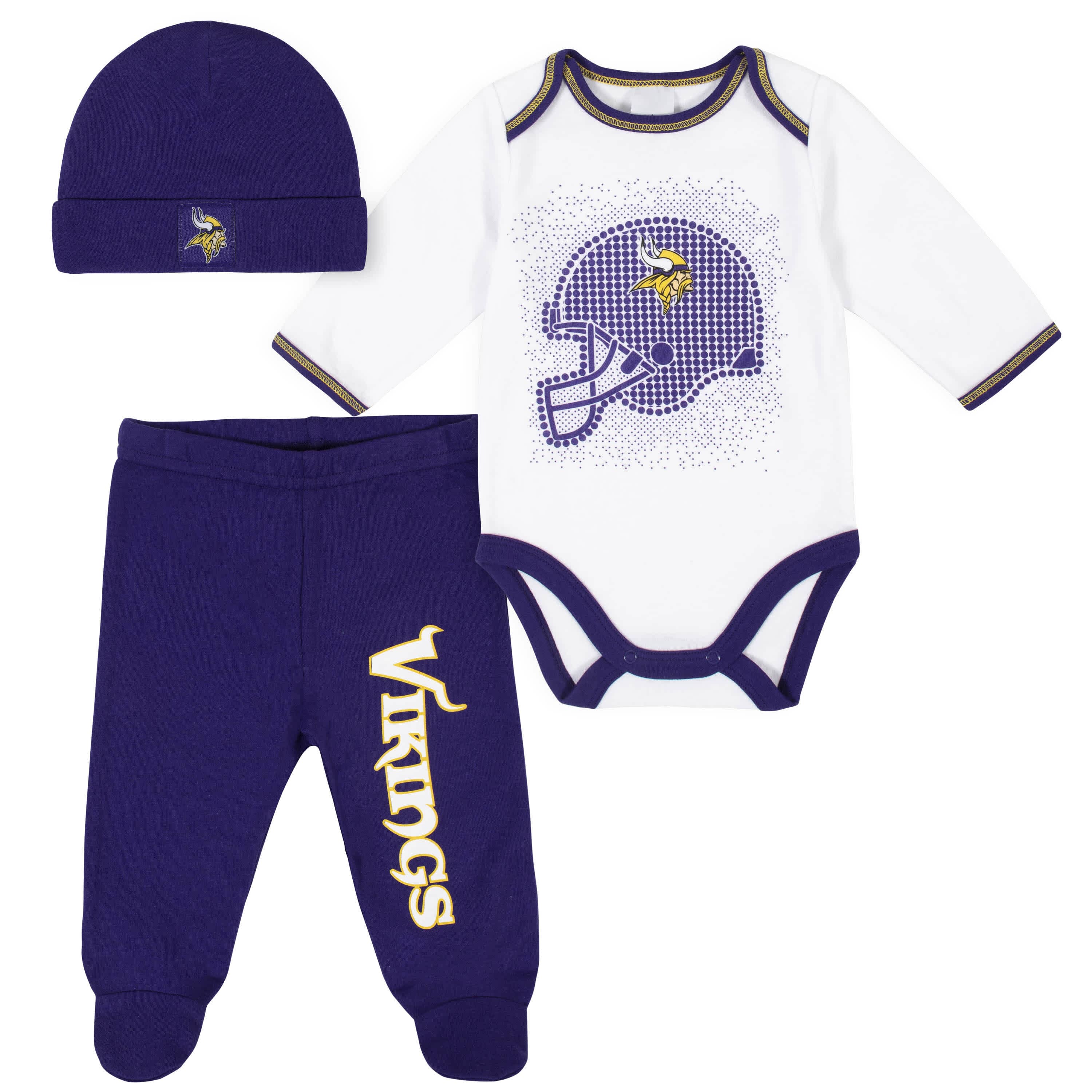 NFL 3-Piece Baby Boys Minnesota Vikings Bodysuit, Sleep 'n Play, and Cap Set - 0-3mo