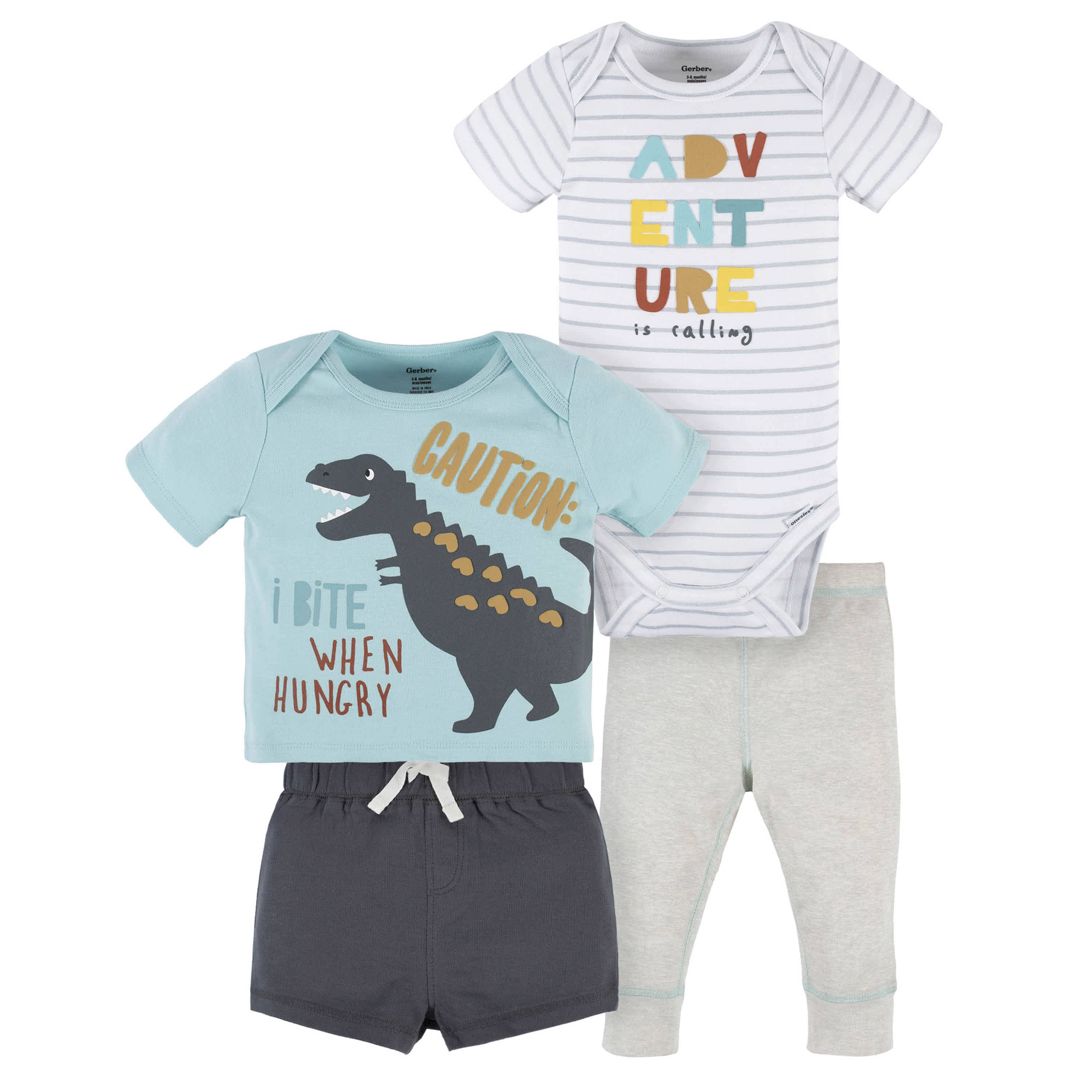 4-Piece Baby Boys Dino Blues Onesies® Bodysuit, Tee, Shorts & Pant Set