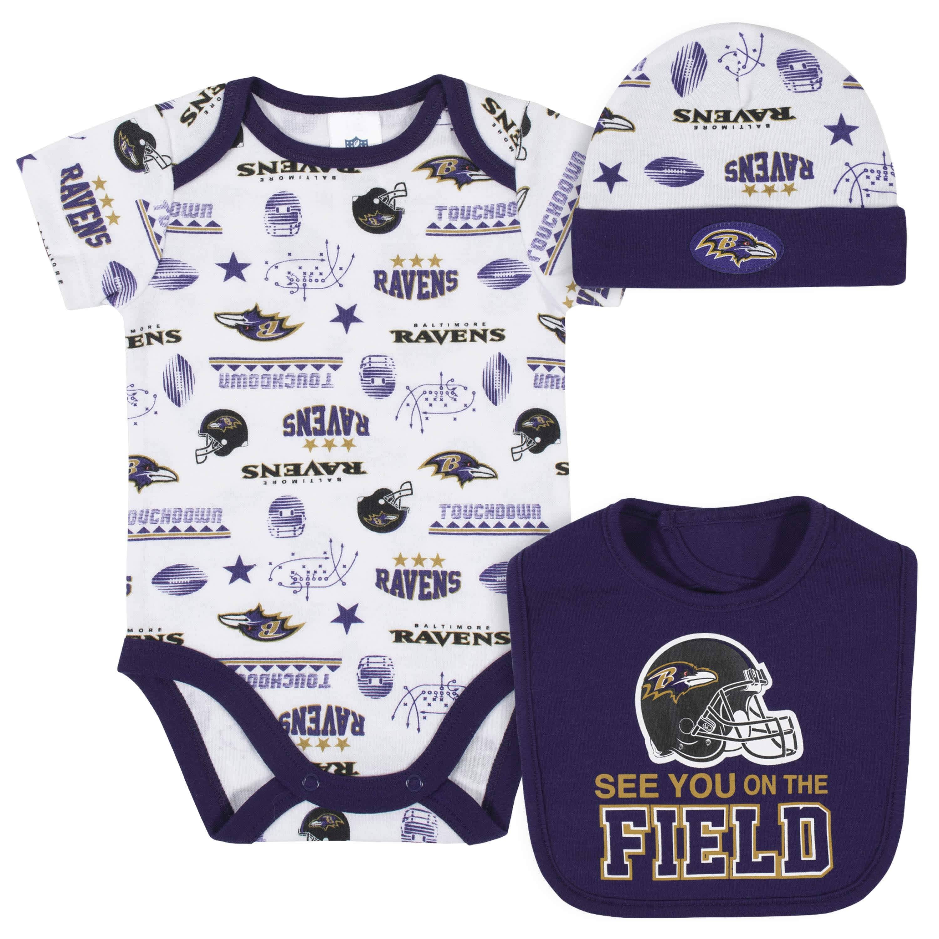 NFL Baltimore Ravens Baby Girls Bodysuit, Pant and Cap Outfit Set