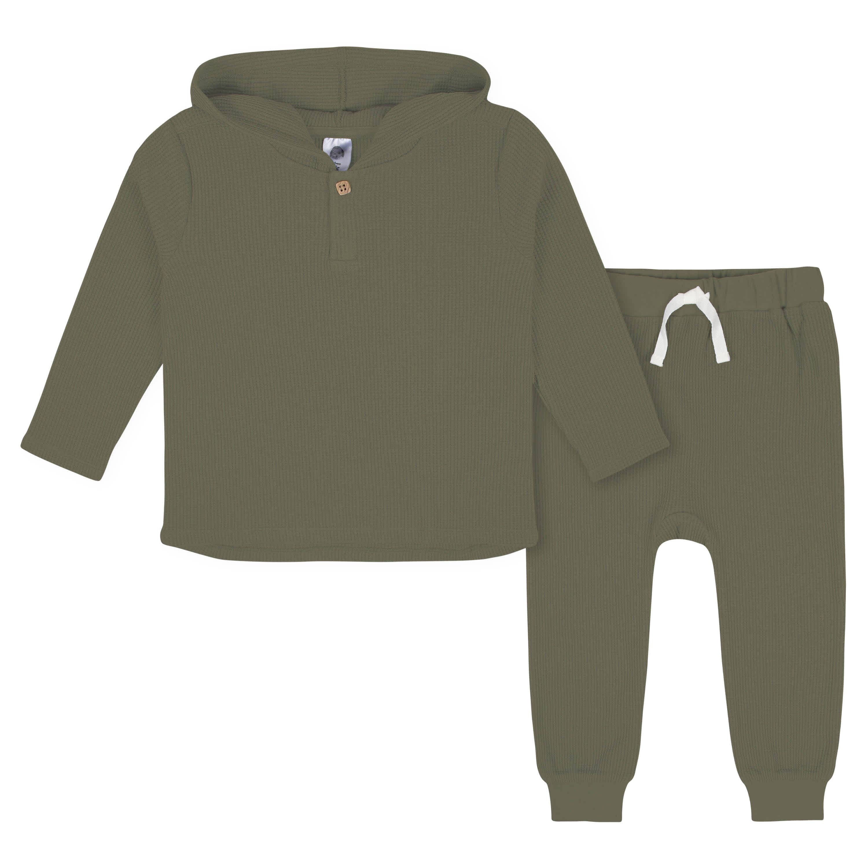 2-Piece Infant & Toddler Boys Sage Green Waffle Hoodie & Jogger