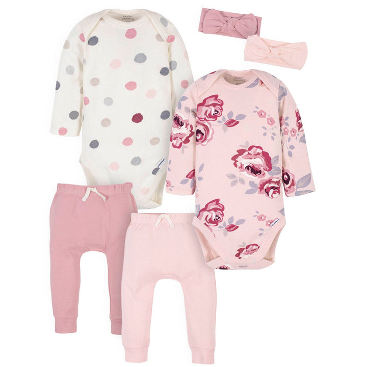 6-Piece Baby Girls Floral Onesies® Brand Bodysuits, Pants, and Headbands Set