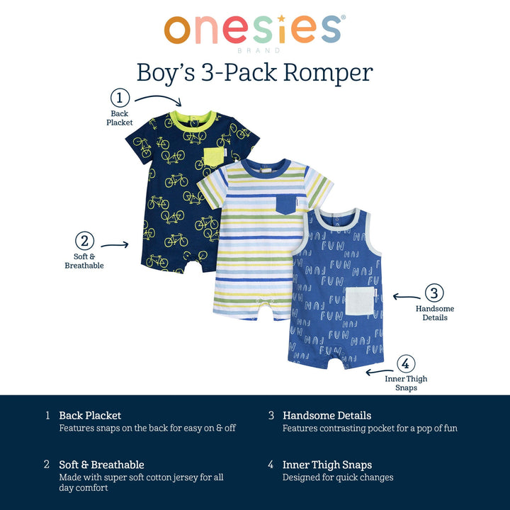 3-Pack Baby Boys Fun Rompers