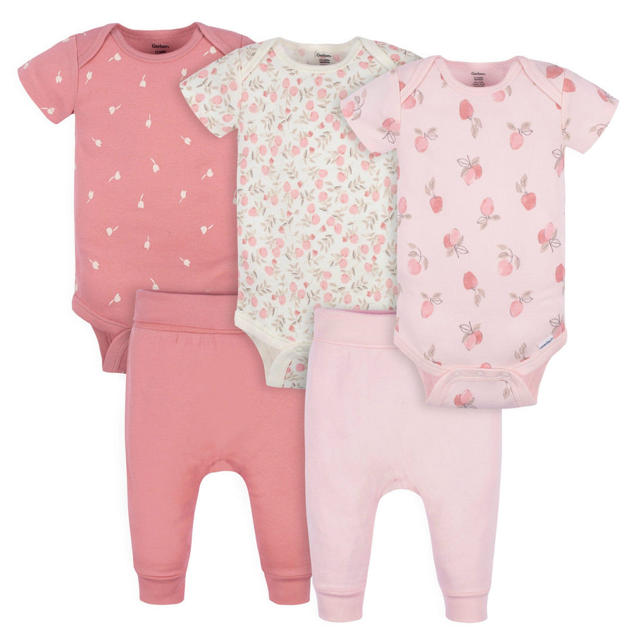 5-Pack Baby Girls Appley Sweet Short Sleeve Onesies® Bodysuits and Pants