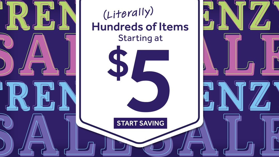 Colorful banner announcing the $5 Frenzy Sale with bold text saying ‘Frenzy Sale’ repeated in vibrant pink, green, and blue shades against a dark purple background. Centered text highlights ‘Hundreds of items starting at $5’ with a call-to-action button reading ‘Start Saving.’ Don’t miss out on the excitement—shop the deals now!