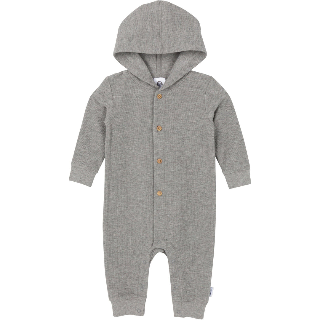 A baby boy's grey heather hooded romper, featuring a soft fabric and a cozy hood for comfort and style