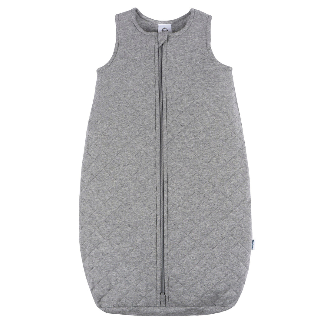 A grey heather quilted sleeping bag with a front zipper, designed as a baby neutral wearable blanket for comfort and warmth