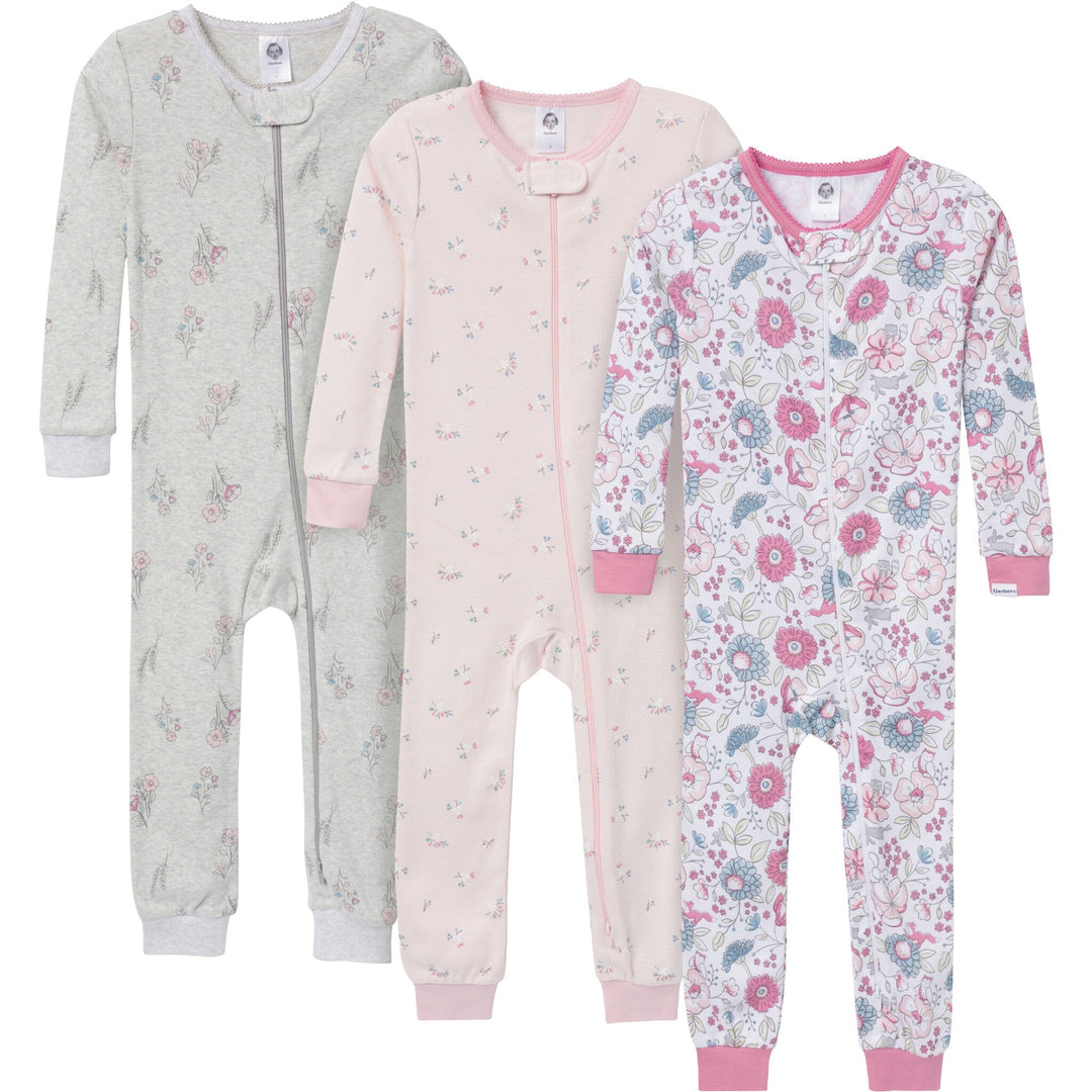 3-Pack Baby & Toddler Girls Woodland Floral Snug Fit Footless Pajamas