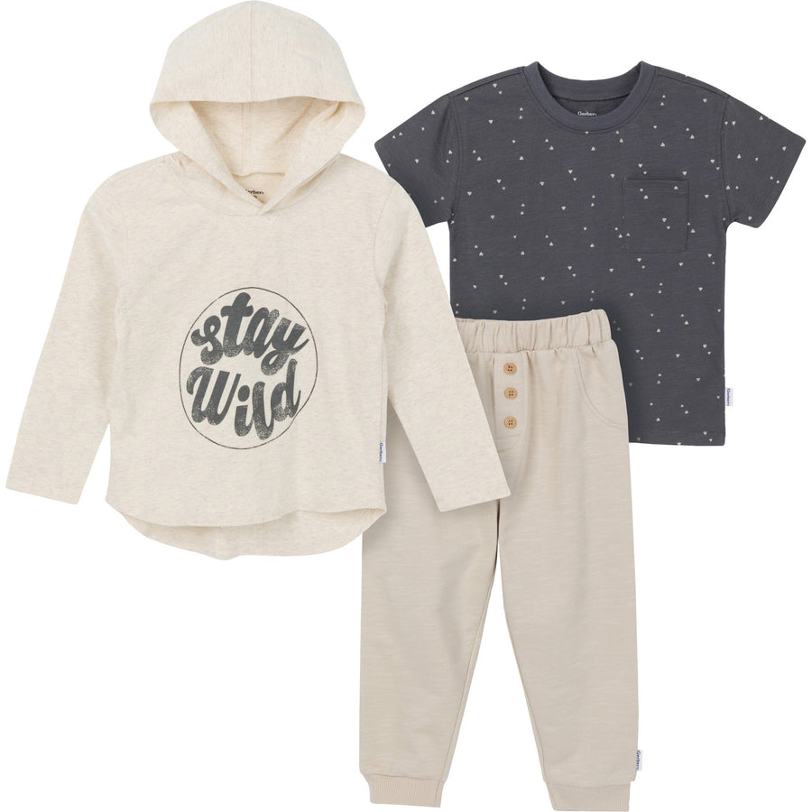 3-Piece Toddler Boys Beige Top, Hooded Top and Jogger