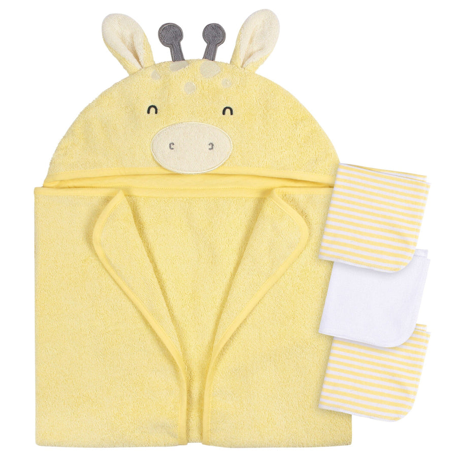 Gerber Baby Embroidered 4-Piece Neutral Striped Gray Hooded Towel & Washcloths Set