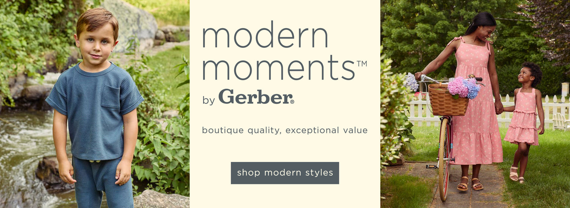 A serene modern moments™ by Gerber Childrenswear® banner featuring a boy in cozy blue loungewear by a stream and a mother and daughter in matching pink floral dresses beside a bicycle with a basket of hydrangeas, embodying boutique quality and exceptional value in spring fashion.