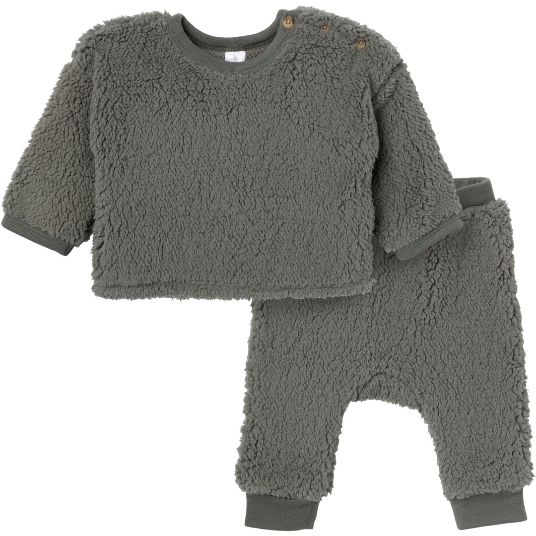 2-Piece Baby Boys Dark Green Sherpa Drop Shoulder Top & Pants