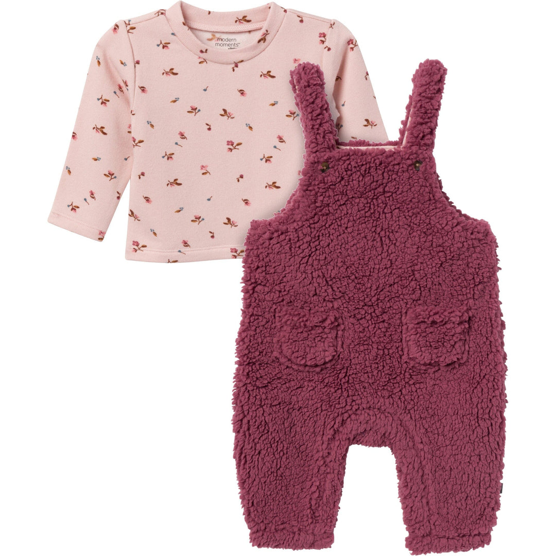 2-Piece Baby Girls Dark Rose Microplush Overall