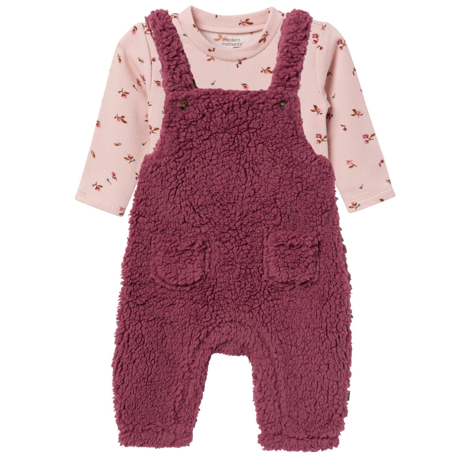 2-Piece Baby Girls Dark Rose Microplush Overall