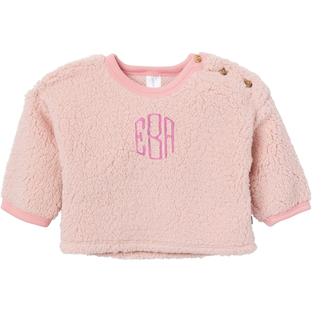 Embroidered 2-Piece Baby Girls Light Pink Sherpa Drop Shoulder Top & Pants