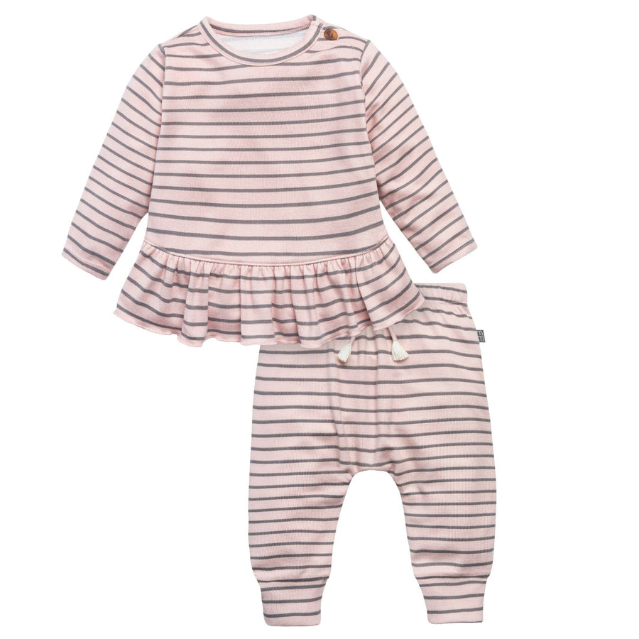 2-Piece Baby Girls Light Pink Stripe Peplum Top Brushed Hacci Set