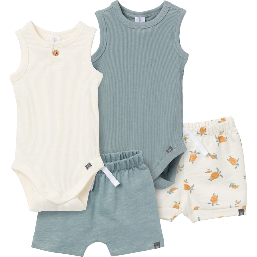 4-Piece Baby Boys Cream/Teal Bodysuit and Short Set