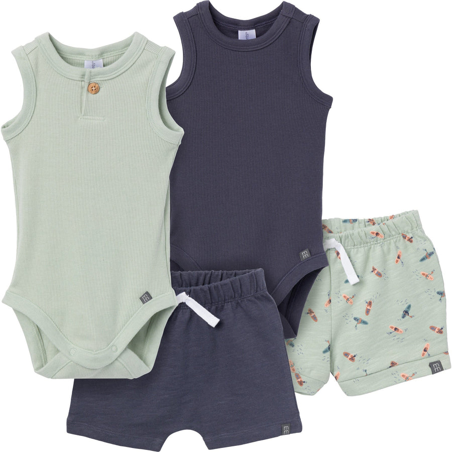 4-Piece Baby Boys Green/Navy Bodysuit and Short Set