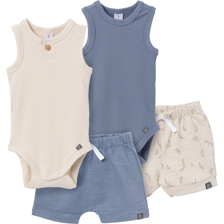 4-Piece Baby Boys Tan/Blue Bodysuit and Short Set