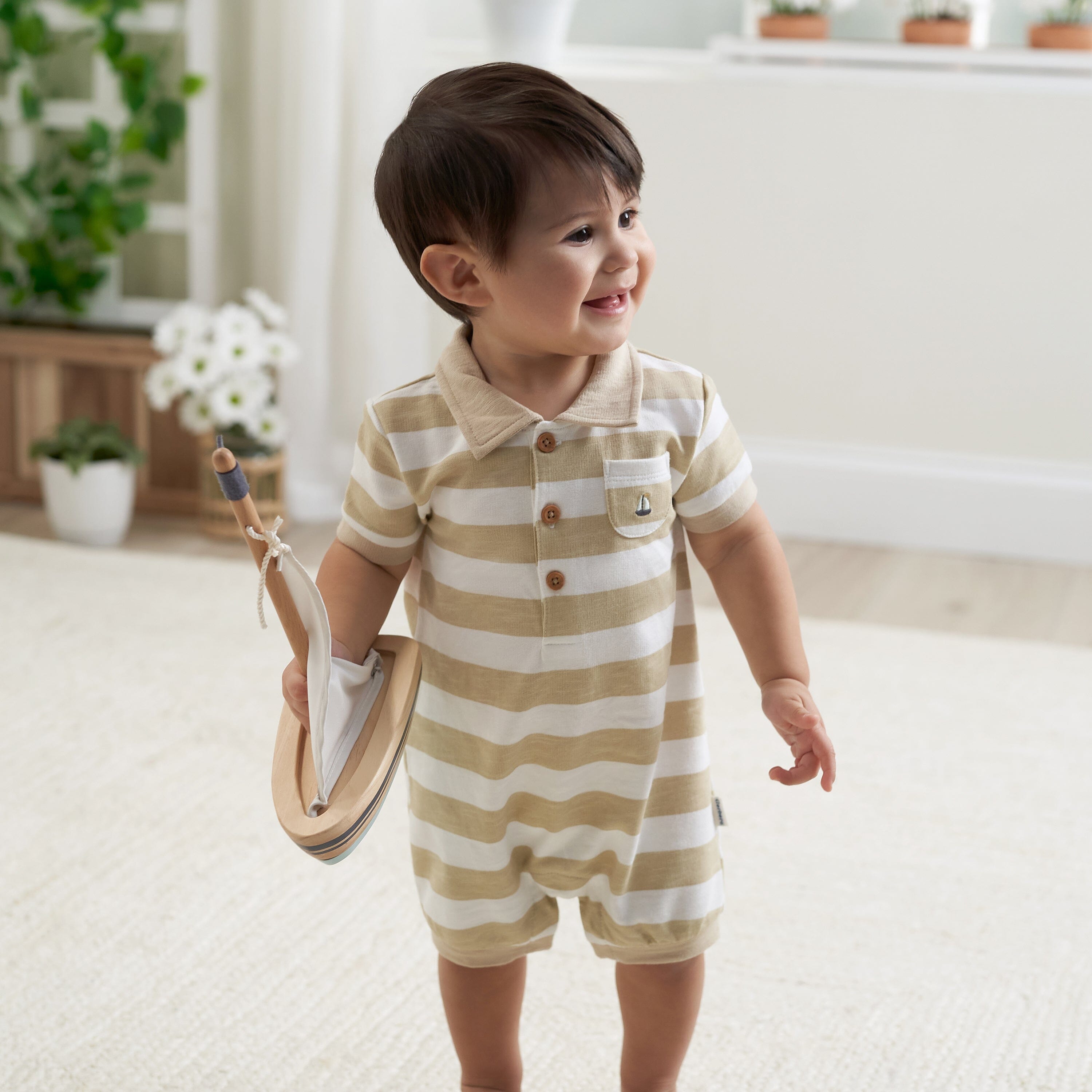 Baby Boys Tan Stripe Collared Romper Gerber Childrenswear