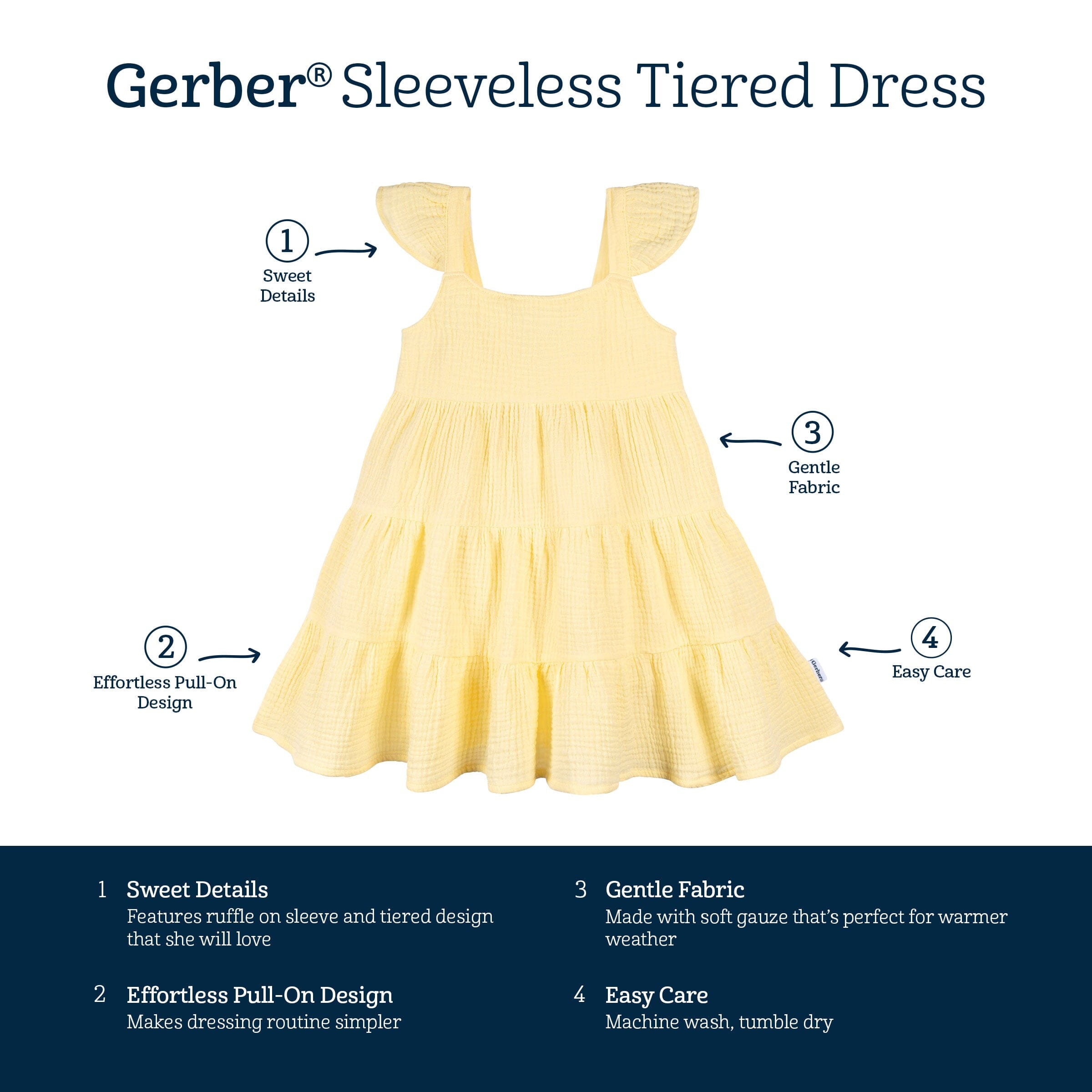 Toddler Girls Yellow Tiered Cotton Gauze Dress Gerber Childrenswear
