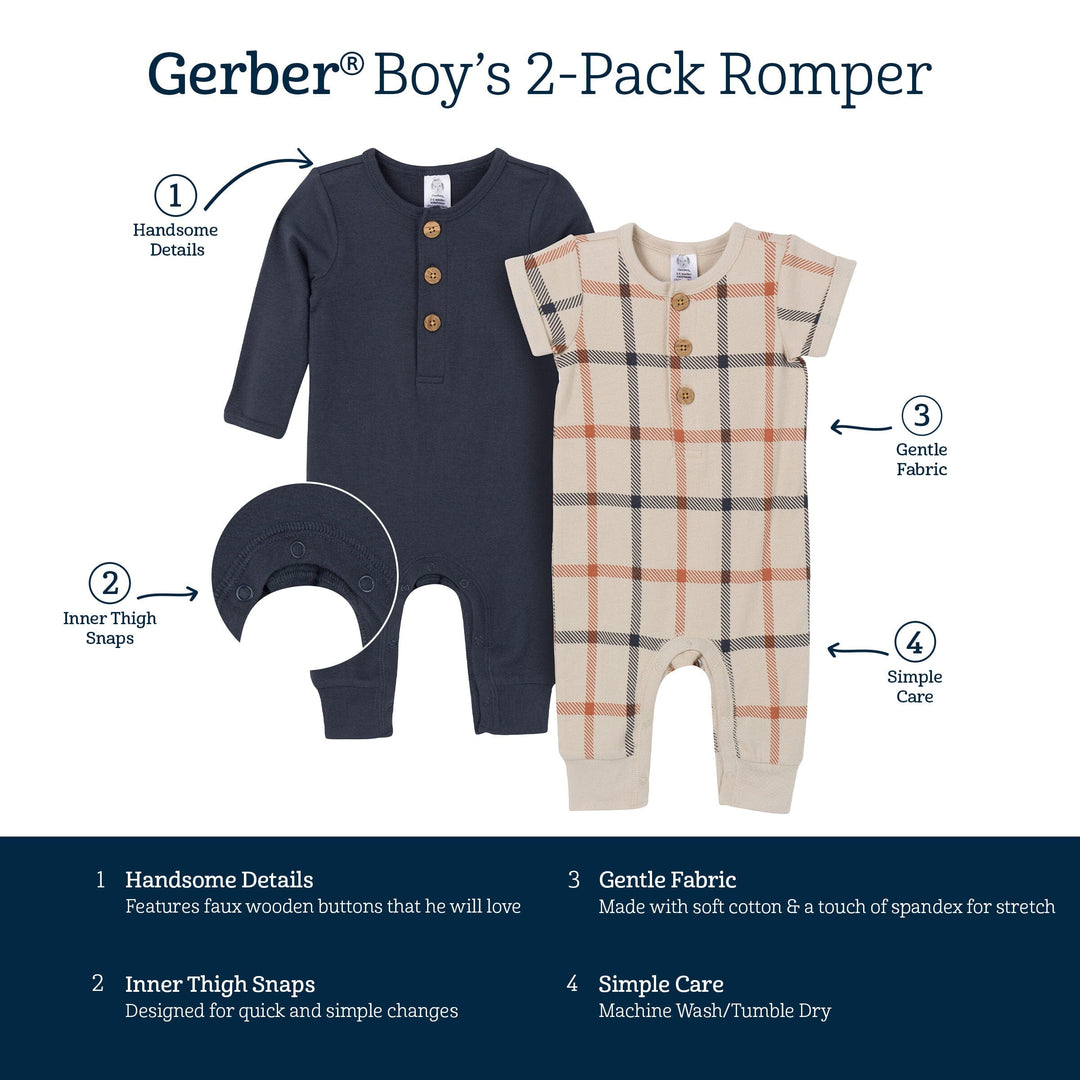 2-Pack Baby Boys Plaid & Navy Rompers