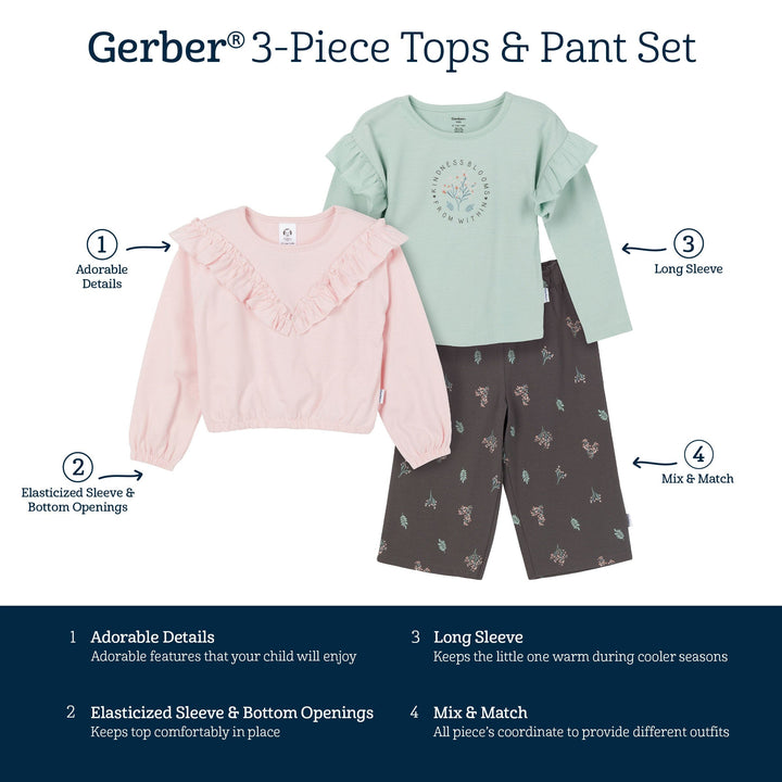 3-Piece Toddler Girls Pink/Brown Tops and Pants