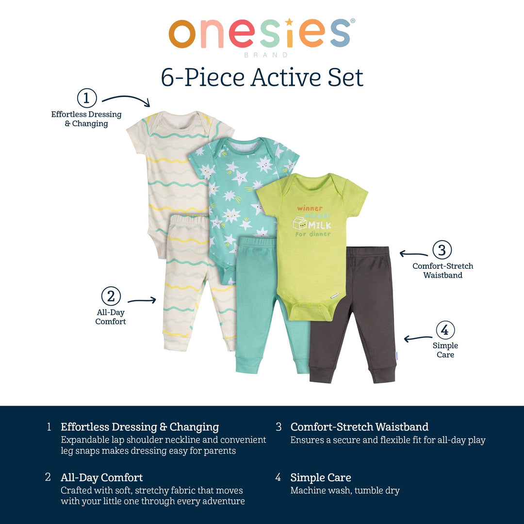 6-Piece Baby Neutral Milk Dinner Onesies® and Active Pant Set