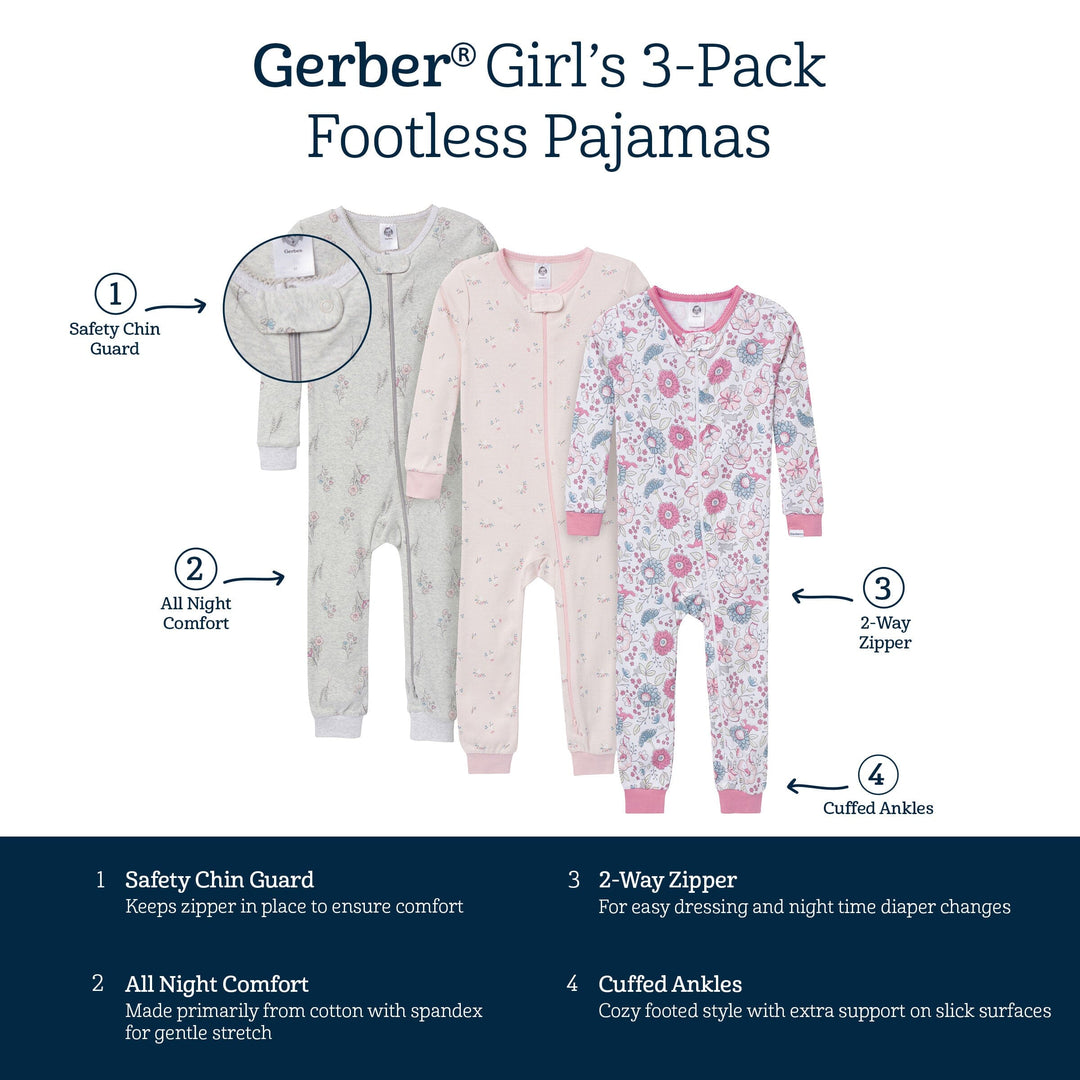 3-Pack Baby & Toddler Girls Woodland Floral Snug Fit Footless Pajamas