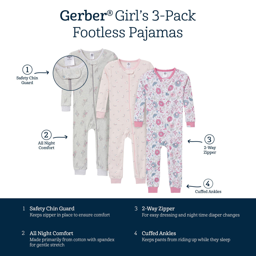 3-Pack Baby & Toddler Girls Woodland Floral Snug Fit Footless Pajamas