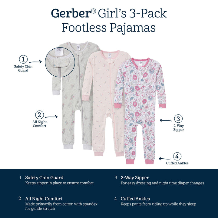 3-Pack Baby & Toddler Girls Woodland Floral Snug Fit Footless Pajamas