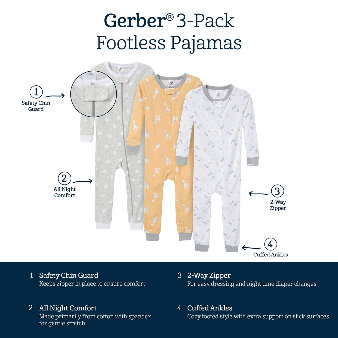 3-Pack Baby & Toddler Neutral Safari Snug Fit Footless Pajamas