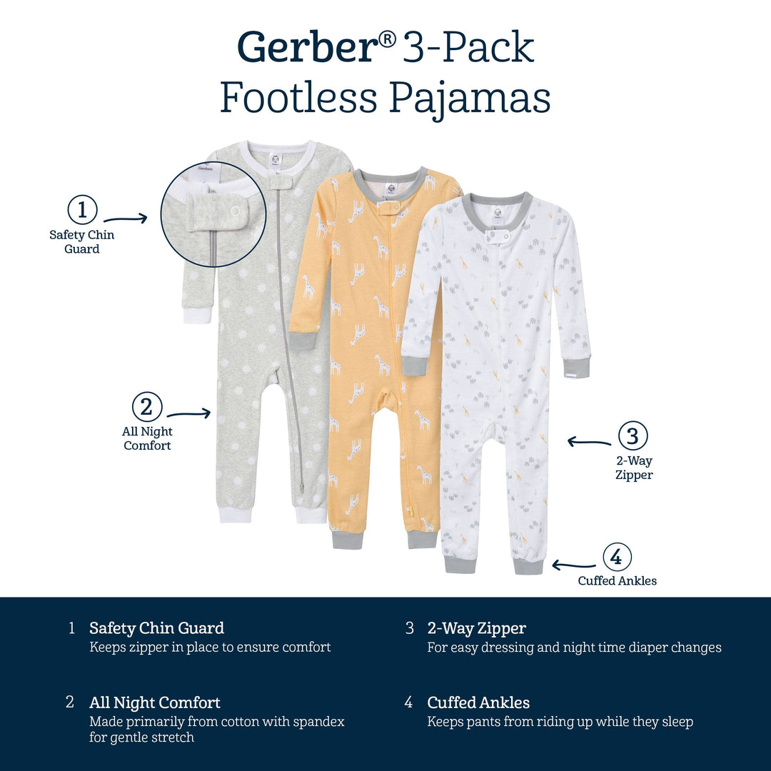 3-Pack Baby & Toddler Neutral Safari Snug Fit Footless Pajamas