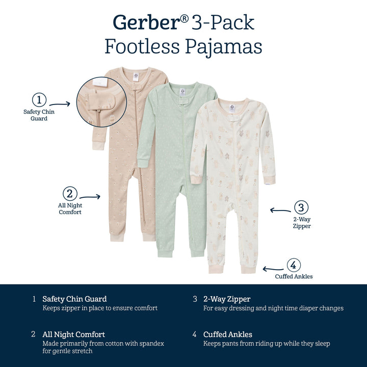 3-Pack Baby & Toddler Neutral Bear Snug Fit Footless Pajamas