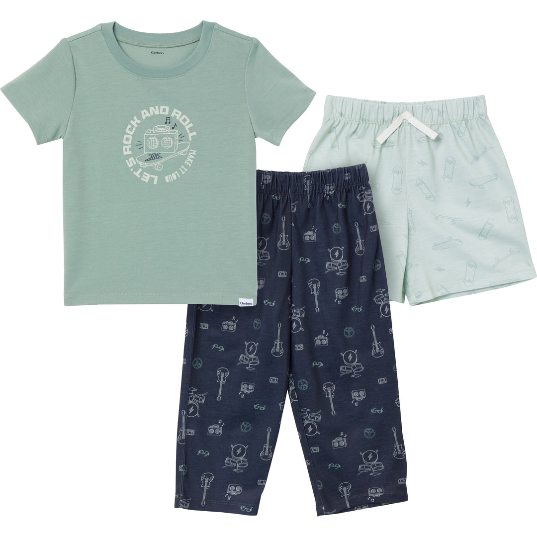 3-Piece Toddler Boys Rock & Roll T-Shirt, Shorts & Pants Pajama Set