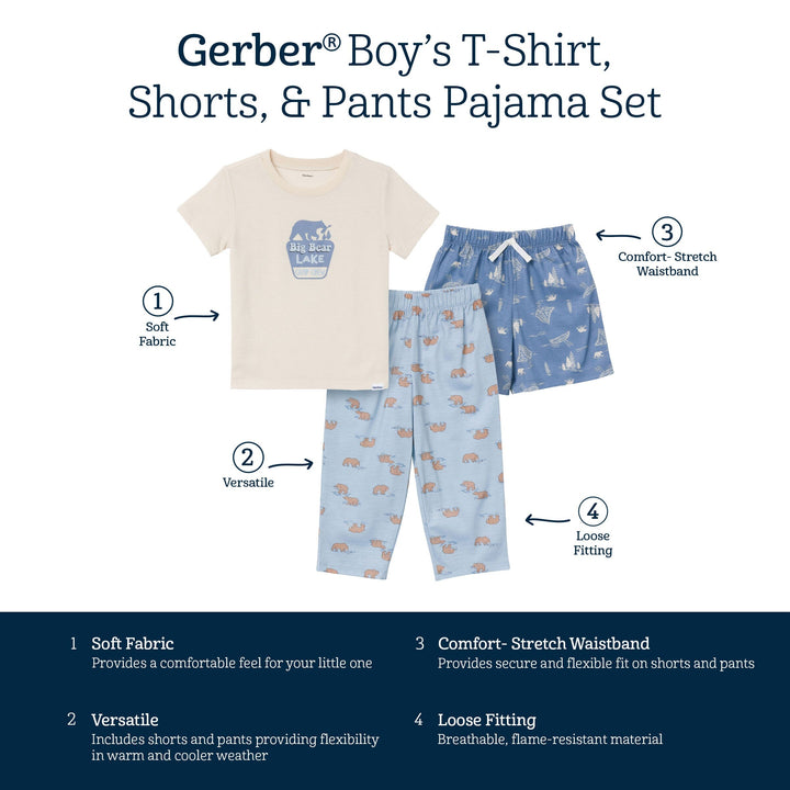 3-Piece Toddler Boys Bear T-Shirt, Shorts & Pants Pajama Set