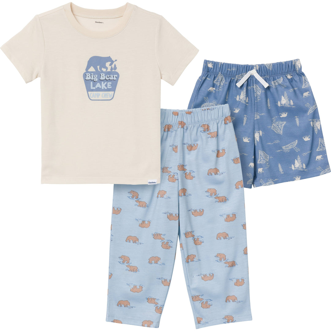 3-Piece Toddler Boys Bear T-Shirt, Shorts & Pants Pajama Set