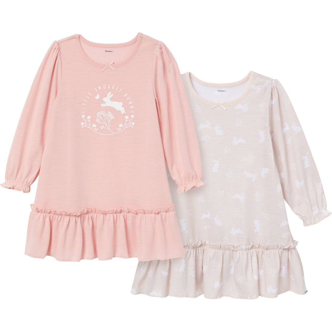 2-Pack Toddler Girls Bunny Long Sleeve Nightgowns