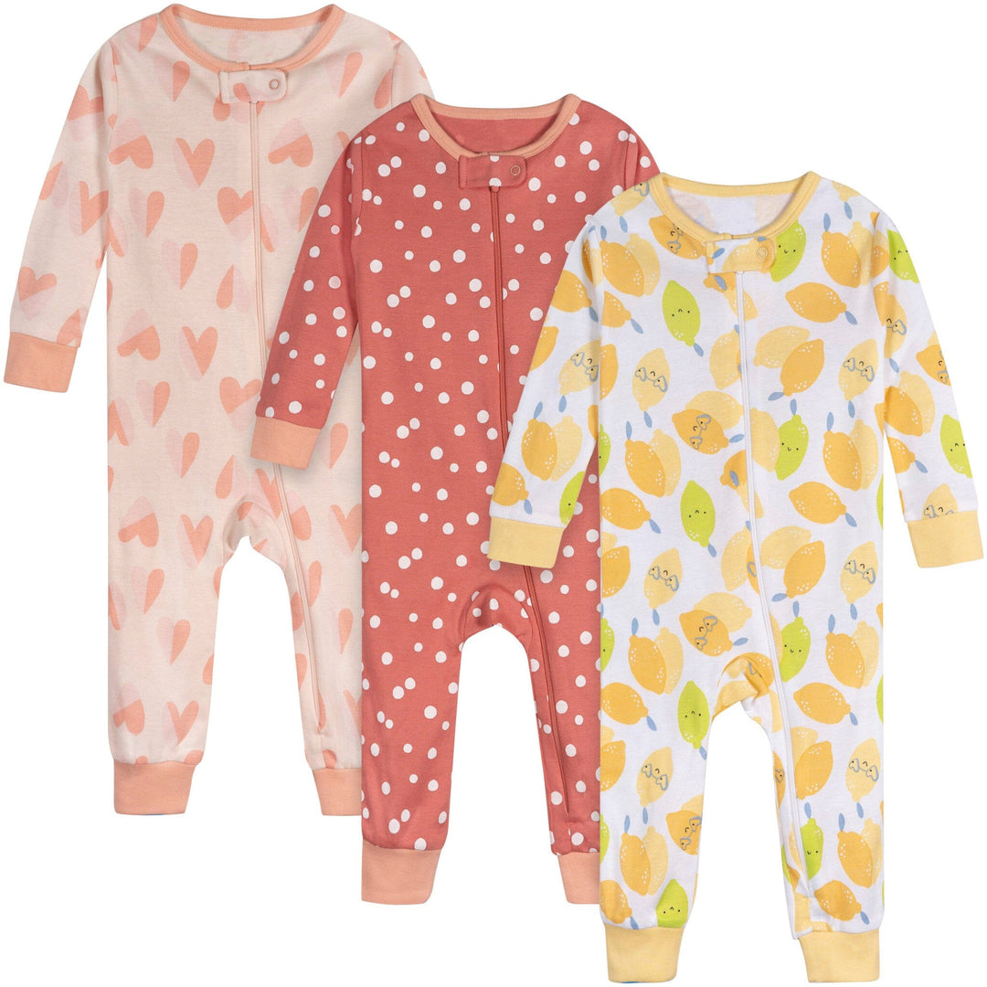 3-Pack Baby Girls Lemons Snug Fit Footed Pajamas