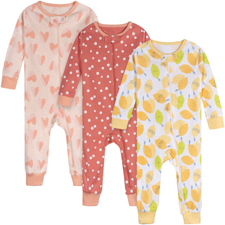 3-Pack Baby Girls Lemons Snug Fit Footed Pajamas