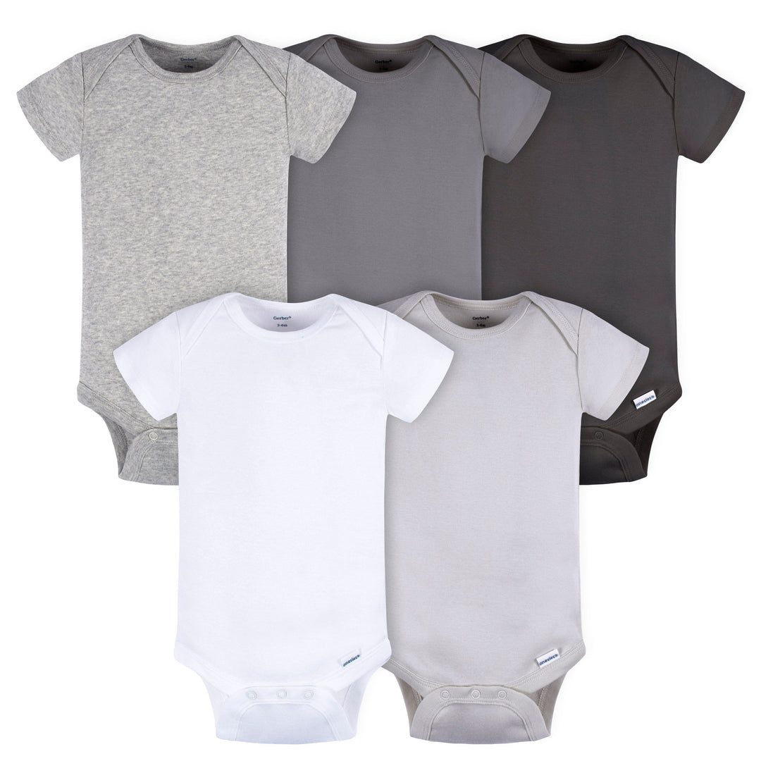 5-Pack Baby Neutral Grey/ Lt Grey Heather Short Sleeve Onesies® Bodysuits