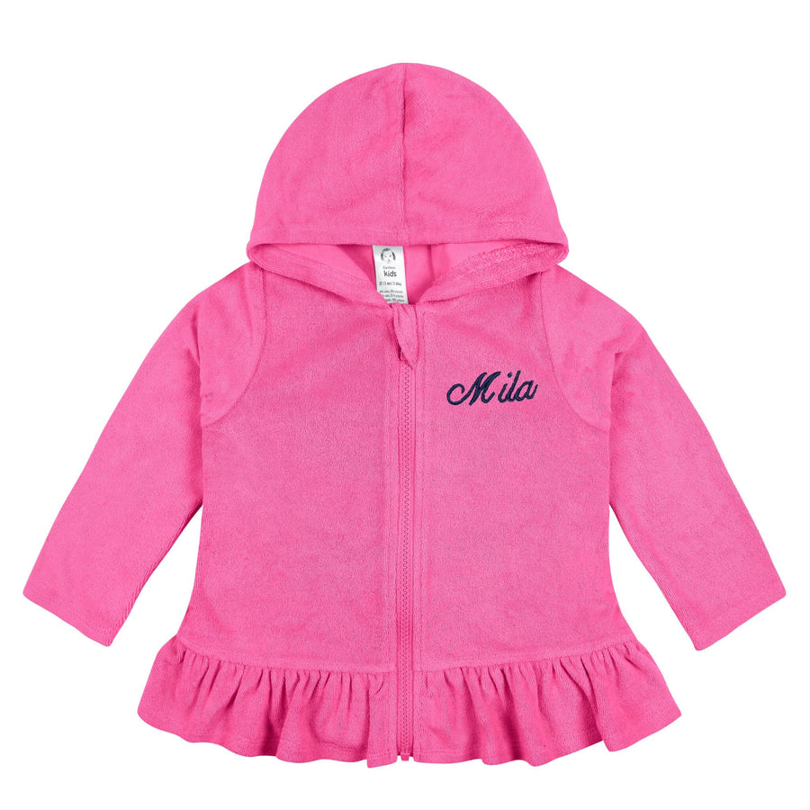 Embroidered Baby & Toddler Girls Pink Zipper Hoodie Terry Swim Coverup