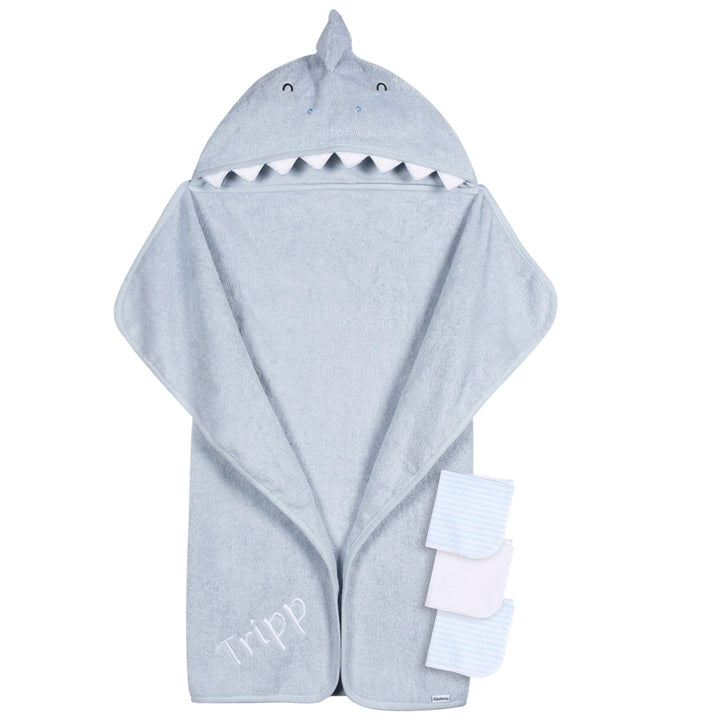 Embroidered 4-Piece Baby Boys Blue Shark Towel & Washcloths